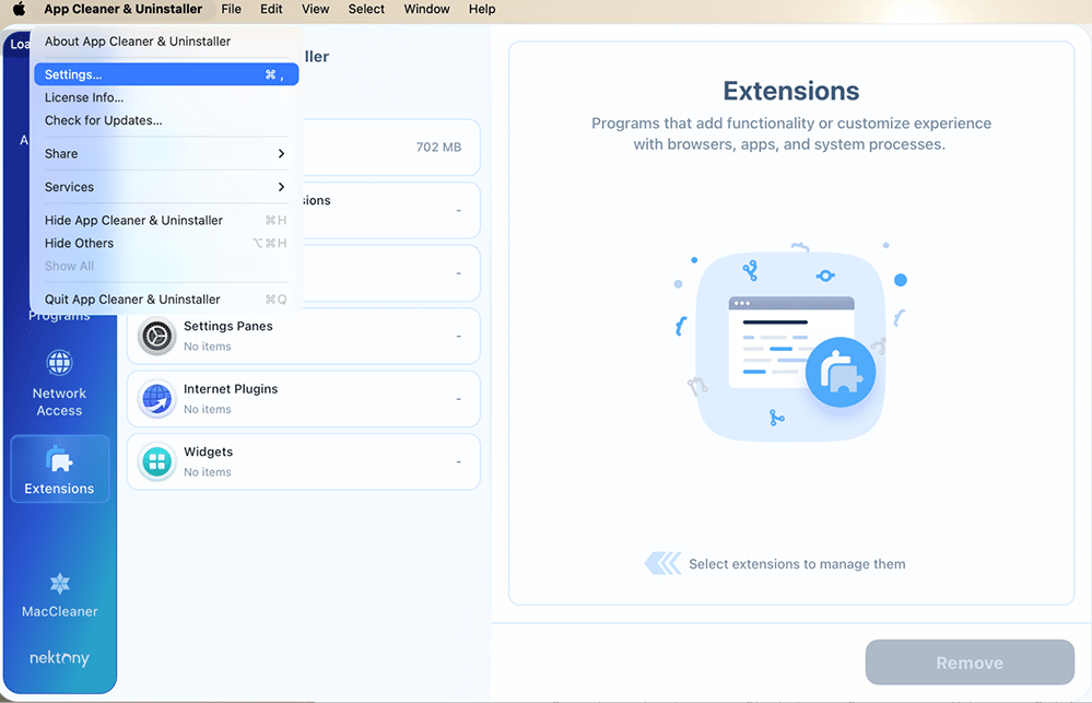 App Cleaner & Uninstaller menu in the macOS menu bar with the Settings command highlighted