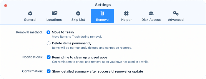 Remove tab of App Cleaner & Uninstaller settings with removal method, reminder and summary options