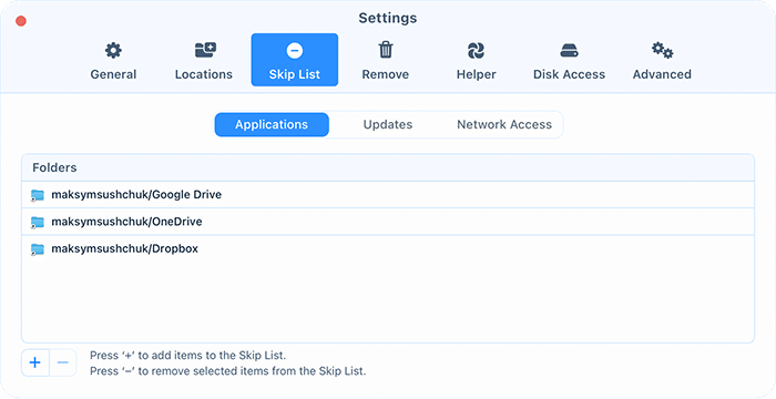Skip List tab of App Cleaner & Uninstaller settings with separate lists for applications, updates and network access