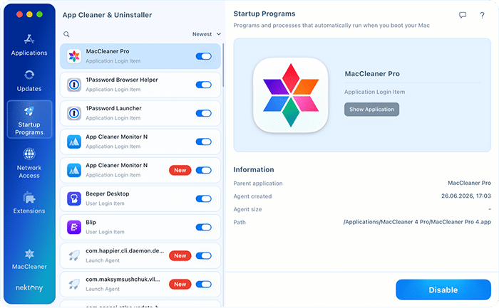 Login item selected in the Startup Programs tab of App Cleaner & Uninstaller, with its details and the Disable button