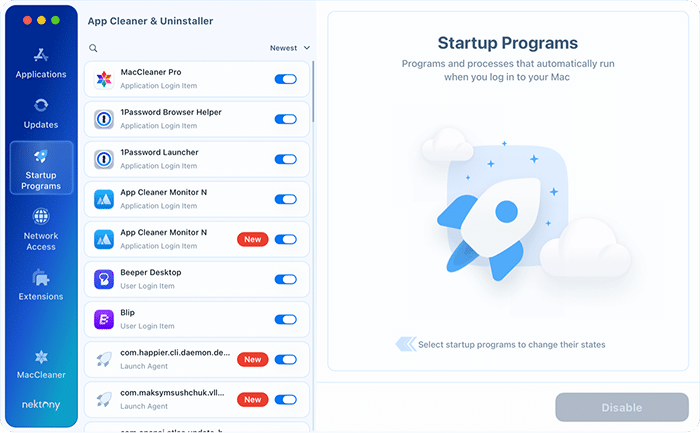 Startup Programs tab in App Cleaner & Uninstaller listing login items and launch agents with on/off switches