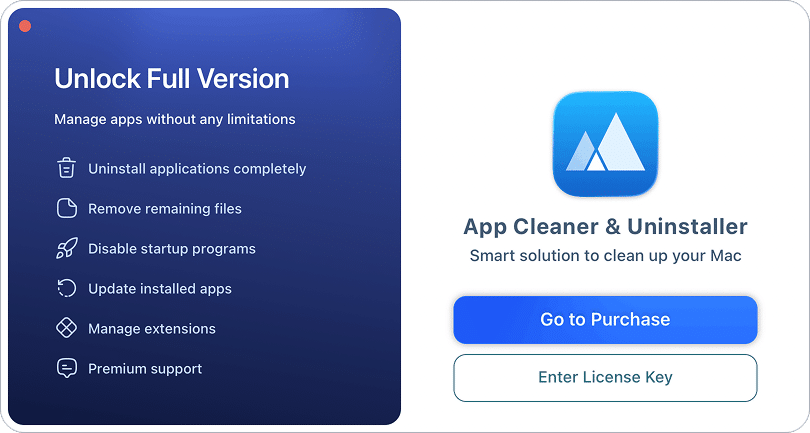 Unlock Full Version window in App Cleaner & Uninstaller with Pro features and the Go to Purchase button