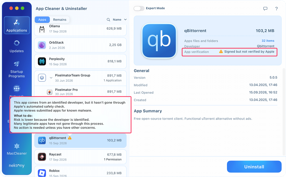 App Cleaner & Uninstaller warning that an app is signed but not verified by Apple, with an explanatory tooltip