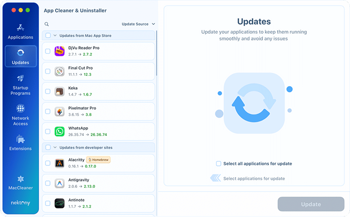 Updates tab in App Cleaner & Uninstaller with available updates grouped by Mac App Store and developer sites