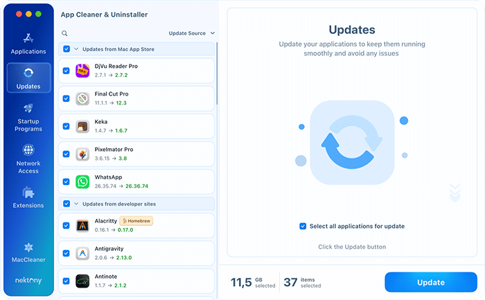 All available app updates selected in App Cleaner & Uninstaller, with the total size shown next to the Update button