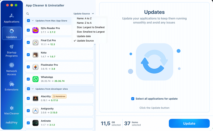 Sorting menu of the Updates list in App Cleaner & Uninstaller with name, size, date and source options