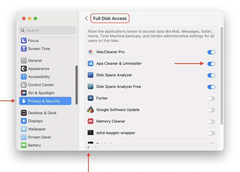 Full Disk Access settings in macOS Privacy & Security with App Cleaner & Uninstaller switched on