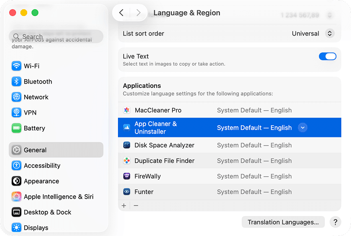 Language & Region settings in macOS with App Cleaner & Uninstaller in the list of applications