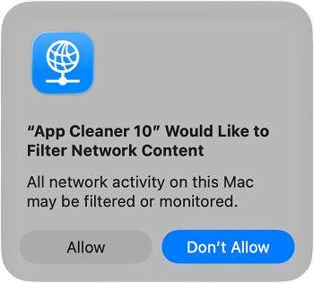 macOS prompt asking to allow App Cleaner & Uninstaller to filter network content
