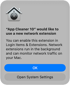macOS prompt asking to allow App Cleaner & Uninstaller to use a new network extension