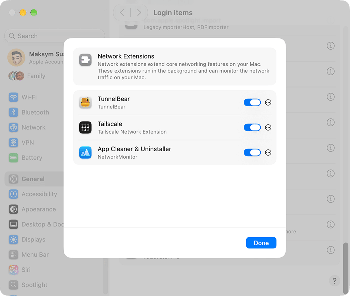 Network Extensions list in macOS System Settings with the App Cleaner & Uninstaller extension turned on