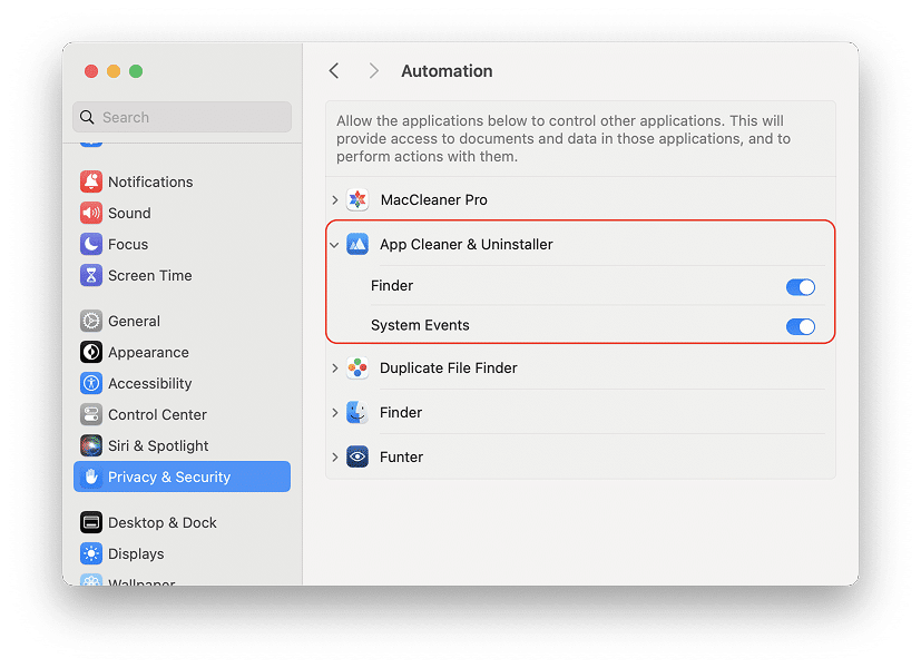 Automation settings in macOS Privacy & Security with Finder access turned on for App Cleaner & Uninstaller