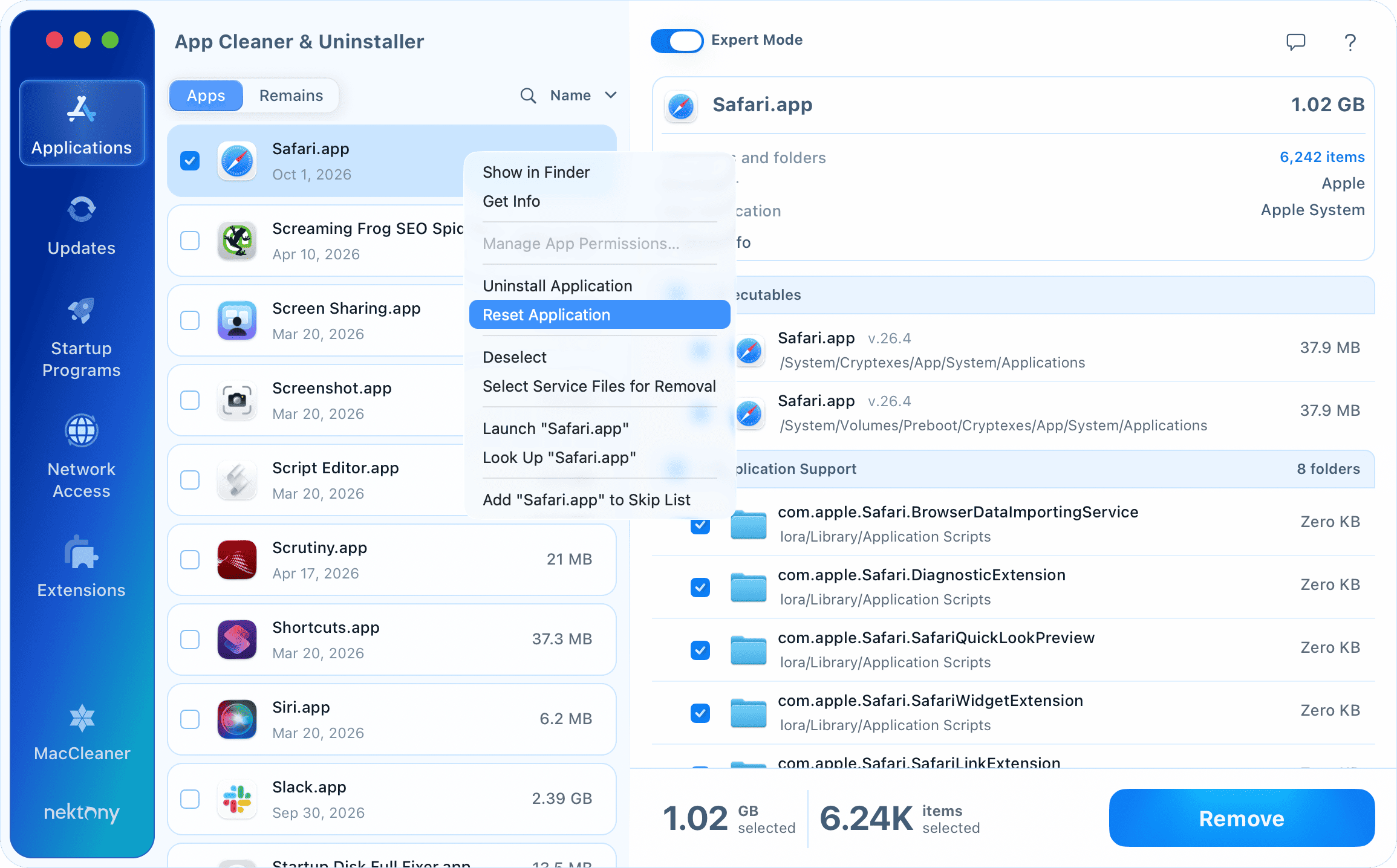 Select Reset application option Reset Application option selected for Safari in App Cleaner & Uninstaller window